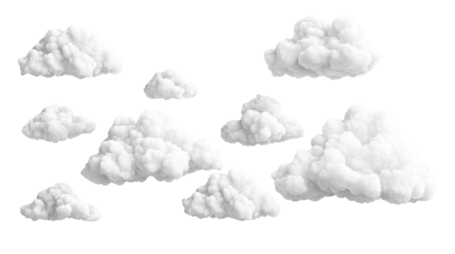 Set of realistic white clouds floating on transparent background