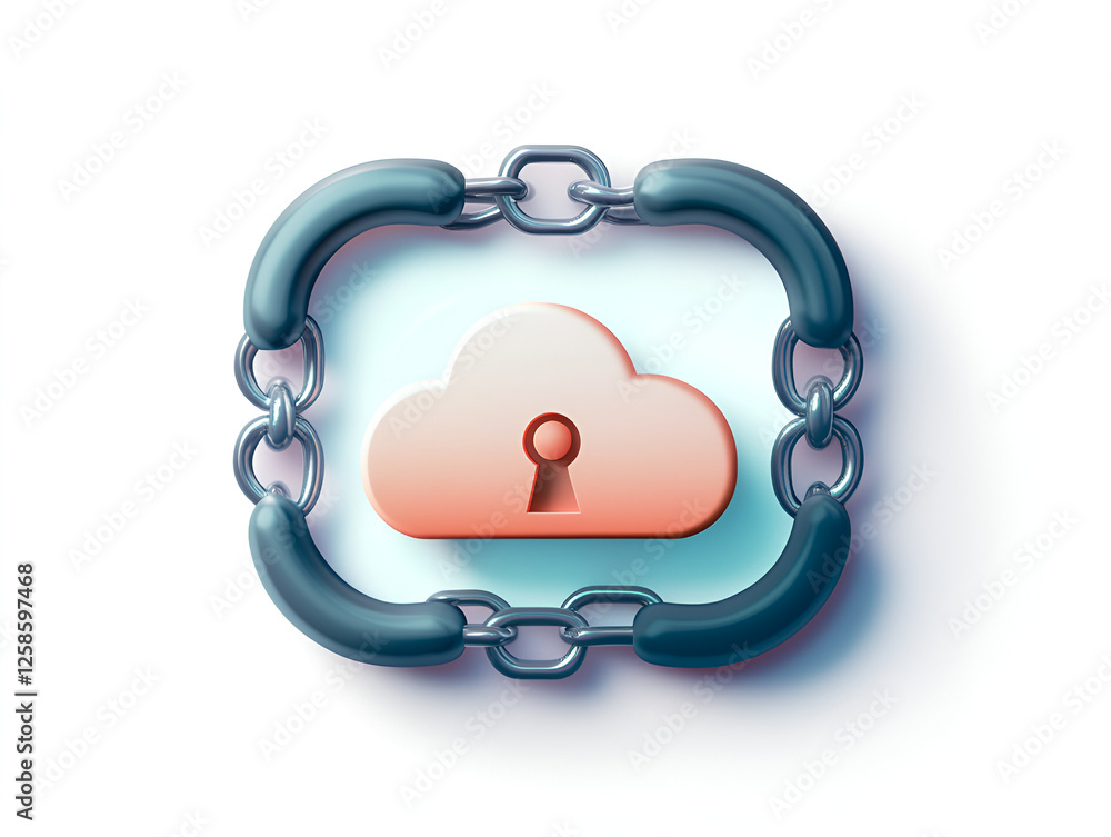 Poster cloud security: a 3d illustration of a cloud icon with a keyhole, securely enclosed within a circle 