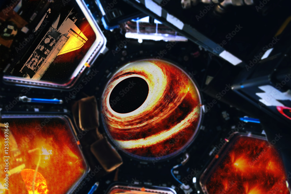 Sticker spacecraft interior with views of space and black hole in front of it. elements of this 3d rendered 