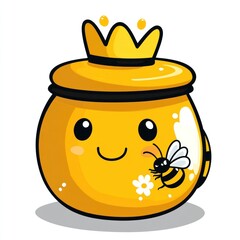 Cartoon honey pot with bee, smiling, crown, cute