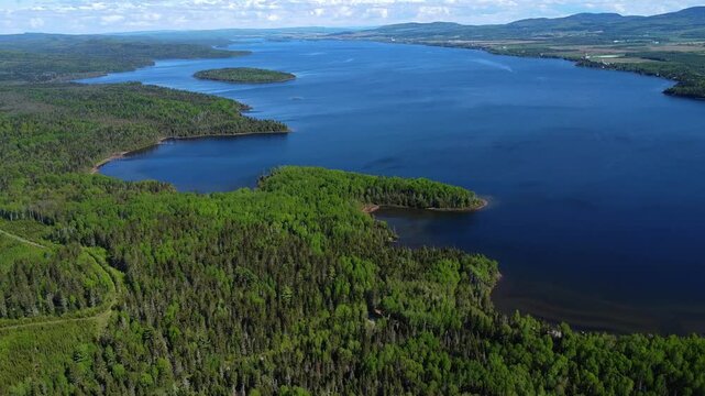 Panoramic aerial view of Lake Matapedia, in Quebec, in the heart of the Matapedia Valley.