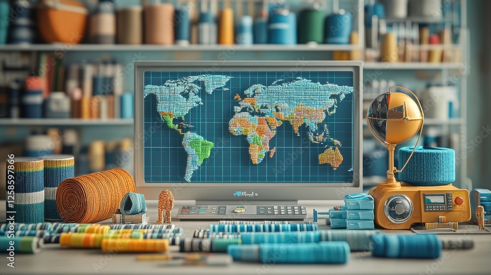 Poster a colorful workspace featuring a computer displaying a world map, surrounded by spools of thread and