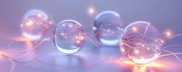 Floating 3D glass spheres connected by soft glowing lines symbolizing business relationships and digital marketing networks  

