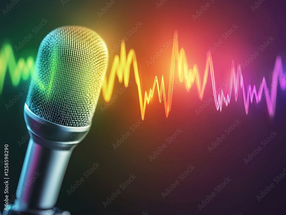 Poster close up of microphone with colorful sound waves in background