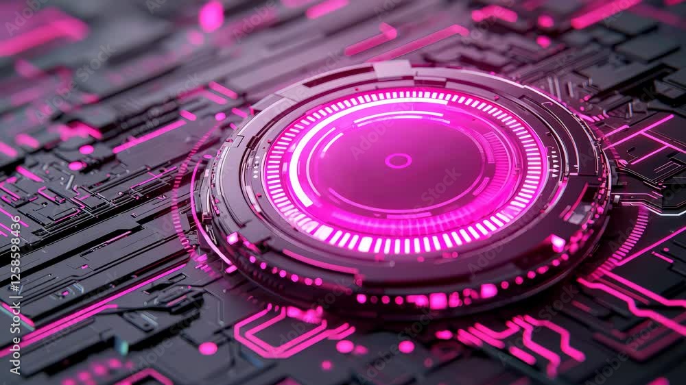 Poster a vibrant, futuristic design features a glowing pink circular element on a dark, circuit-patterned b