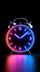 Vibrant neon alarm clock glowing against a dark backdrop, showcasing modern design.