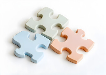 Fototapeta premium Pastel Colored Puzzle Pieces on White Background - Minimal Abstract Concept