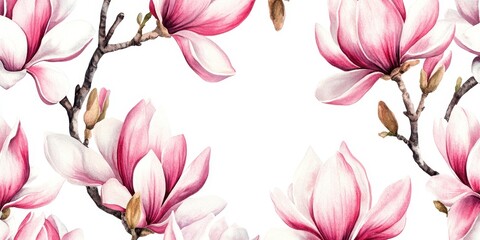 Watercolor Pink Magnolia Blossom Pattern on White Background