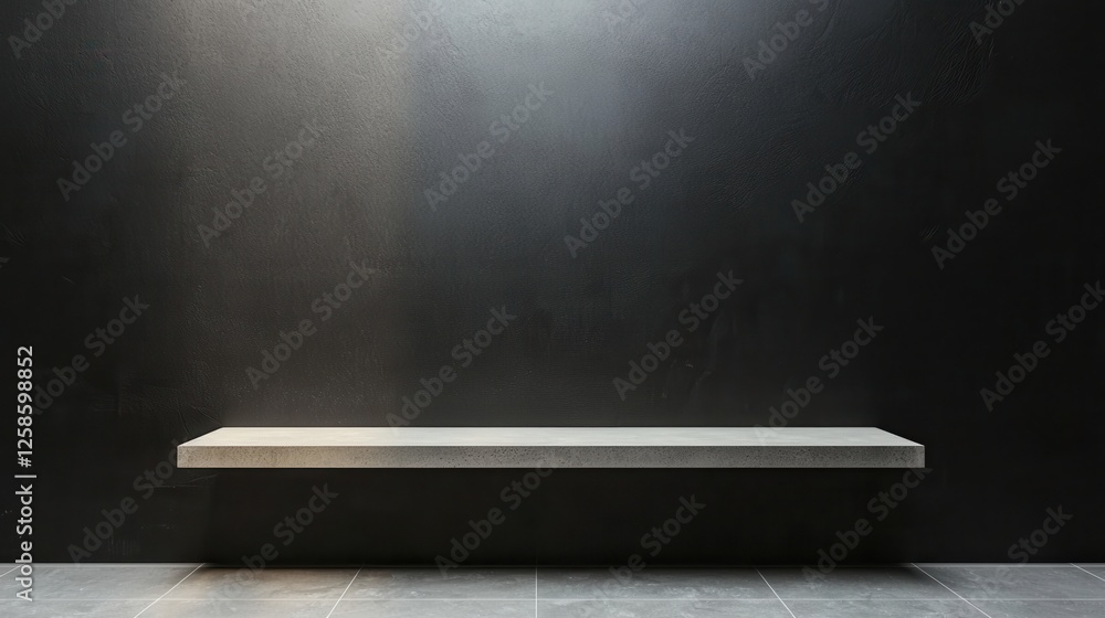 Poster a minimalist shelf against a dark wall, illuminated softly, creating a serene and modern atmosphere.