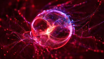 Abstract luminescent sphere pulsating with vivid neon energy. Particles and waves of magical glowing