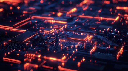 Fototapeta premium A vibrant close-up of a modern microchip, illuminated by glowing red and blue lights, showcasing intricate patterns and advanced technology.