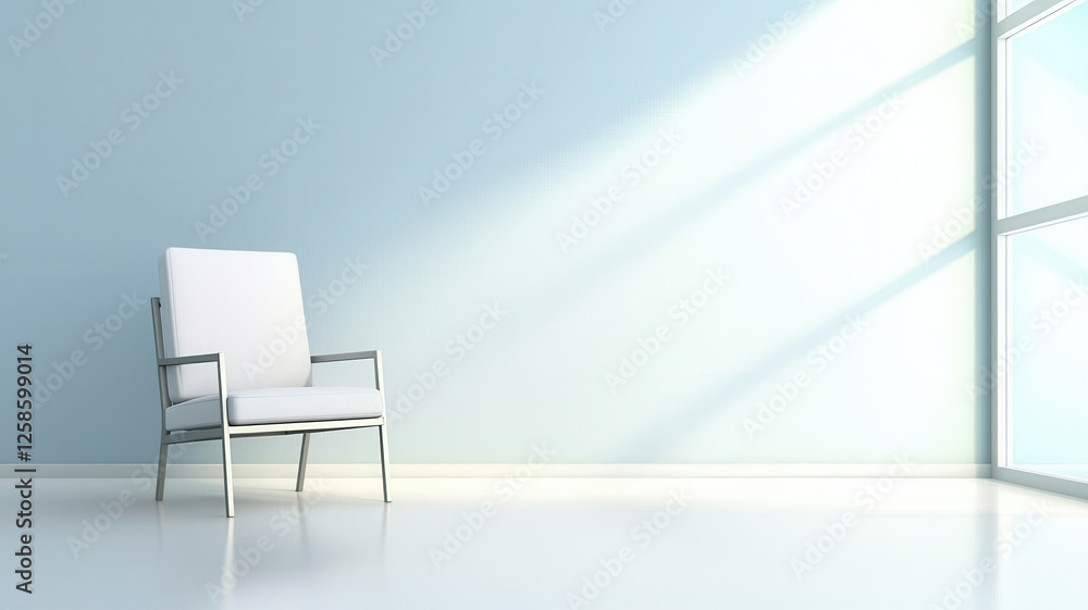 Poster lone chair in empty room with soft sunlight streaming through window