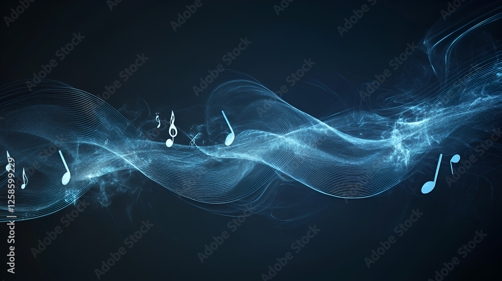 Poster ethereal melody: abstract musical notes flow like luminous smoke, creating a mesmerizing visual repr