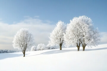 Frost covered trees stand serenely in snowy winter landscape under clear sky