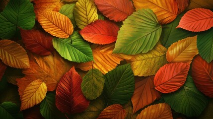 Obraz premium A vibrant collection of autumn leaves in various shades of green, orange, and red creates a colorful and textured natural background.