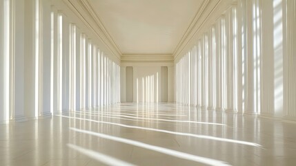 Fototapeta premium A spacious white chamber adorned with numerous vertical white lines along the walls At room's end, a solitary radiant light beckons