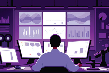 A focused researcher meticulously analyzes complex data on multiple computer screens within a modern, brightly lit computer lab.