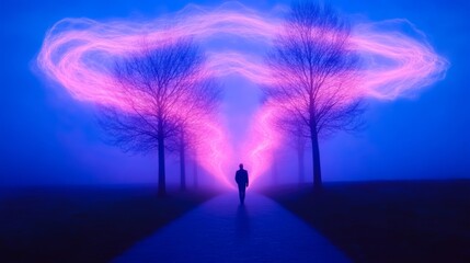 A lone figure walks down a path illuminated by otherworldly pink and blue light, creating a surreal and dreamlike atmosphere.