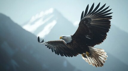 Majestic Bald Eagle Soaring Above Mountain Peaks