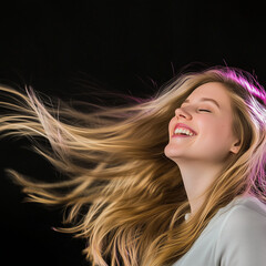 Fototapeta premium Smiling Young Woman with Flowing Blonde Hair Against Black Background