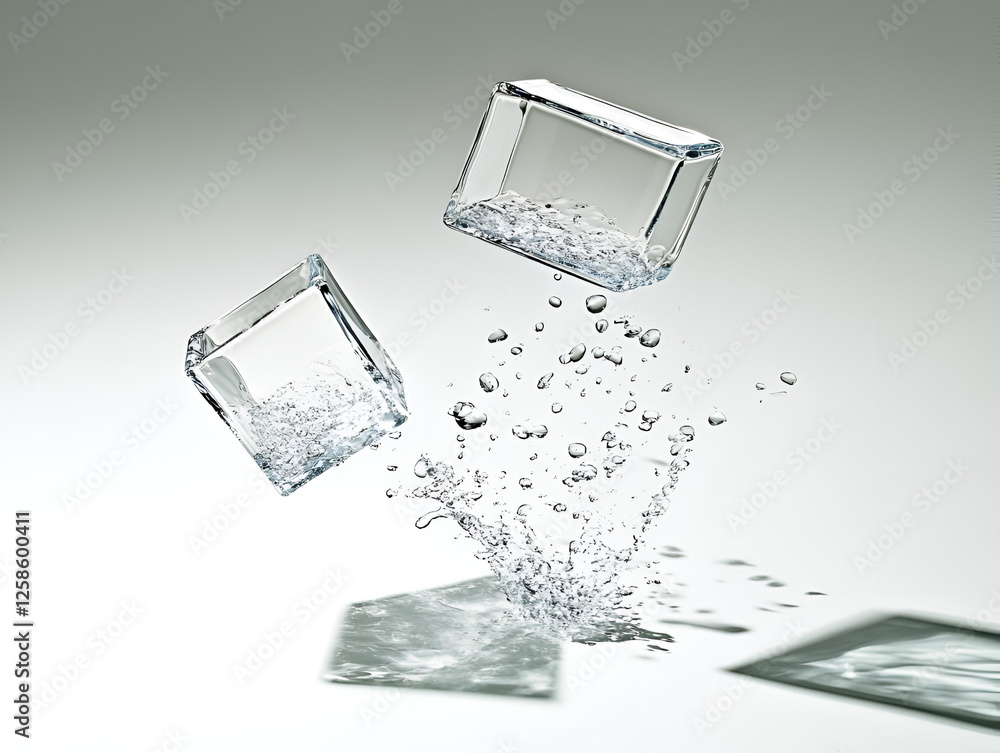 Poster crystal cubes splashing: a trio of crystal clear cubes with shimmering water droplets cascade down, 