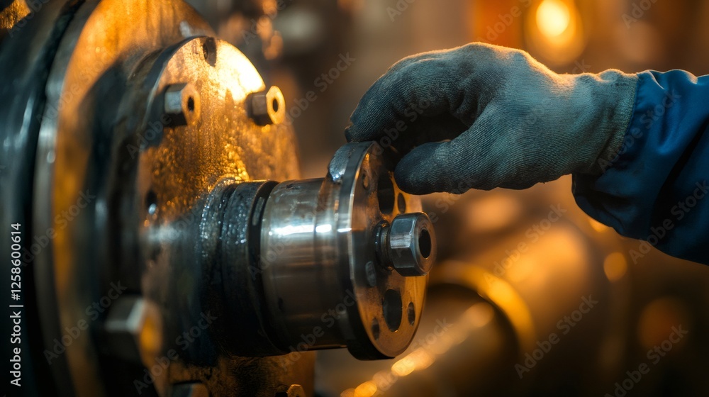 Poster close up view of a factory worker's gloved hand adjusting heavy machinery, emphasizing the intricate