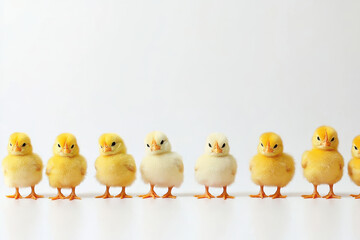 Naklejka premium A charming line of fluffy yellow chicks lined up on a white background.