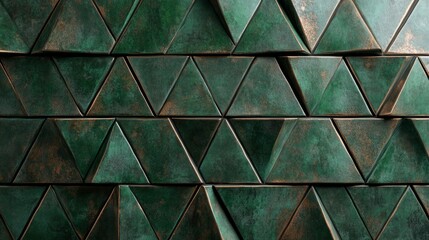 Textured wall with triangular tiles in deep green and bronze, semi-gloss finish, generative ai