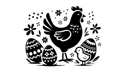 Simple line art of a hen and chick, festive holiday and farm theme