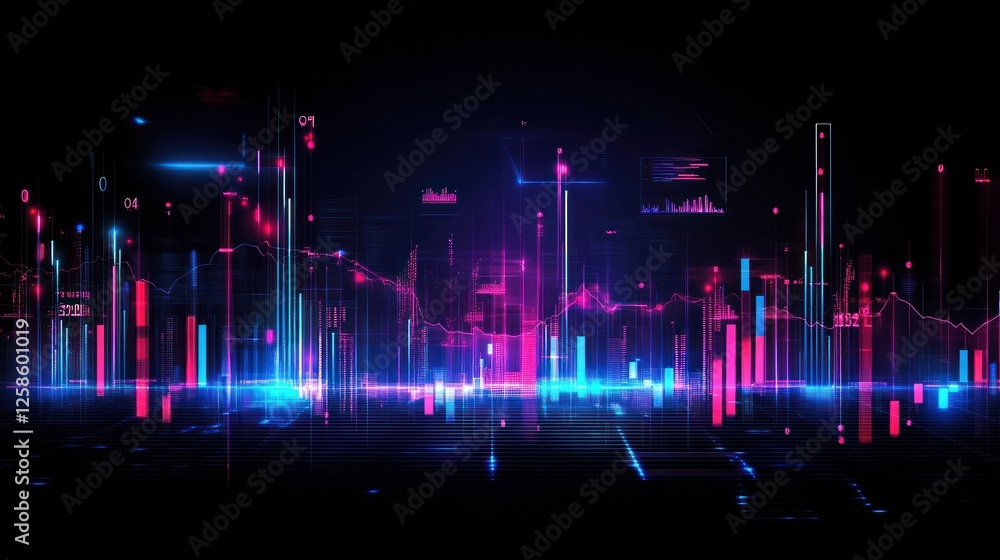 Poster a vibrant digital visualization showcasing colorful bars and lines against a dark backdrop, represen