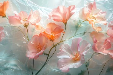 Delicate Pink Flowers Wrapped in Plastic Artistic Floral Still Life Photography