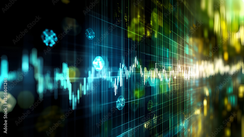 Poster dynamic financial data stream: abstract representation of financial data visualized as a dynamic, fl