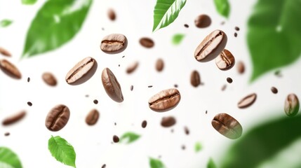 Obraz premium A vibrant display of floating coffee beans and fresh green leaves, showcasing the natural beauty and essence of coffee in a dynamic composition.