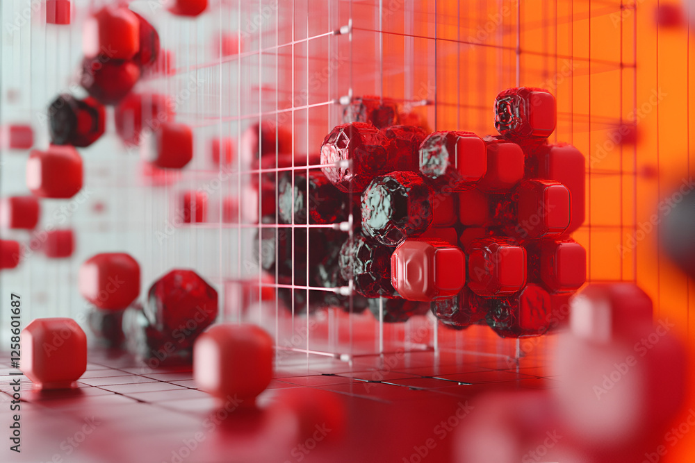Fototapete Red Cube Abstract: A mesmerizing abstract composition of red cubes, some clustered within a transparent grid, others scattered around, creating a dynamic and visually striking image.