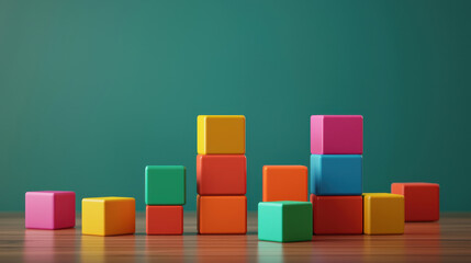 Colorful building blocks arranged creatively on a wooden surface with a green background.