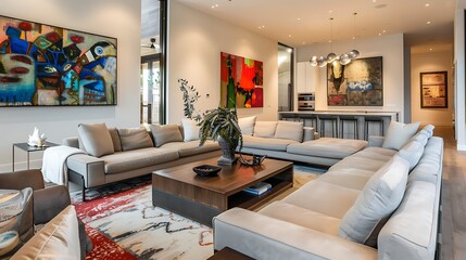 Modern living room with a comfortable sectional, elegant coffee table, and stylish wall art