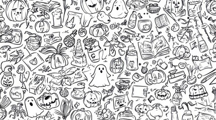 Whimsical Halloween Doodles Seamless Pattern with Ghosts and Pumpkins