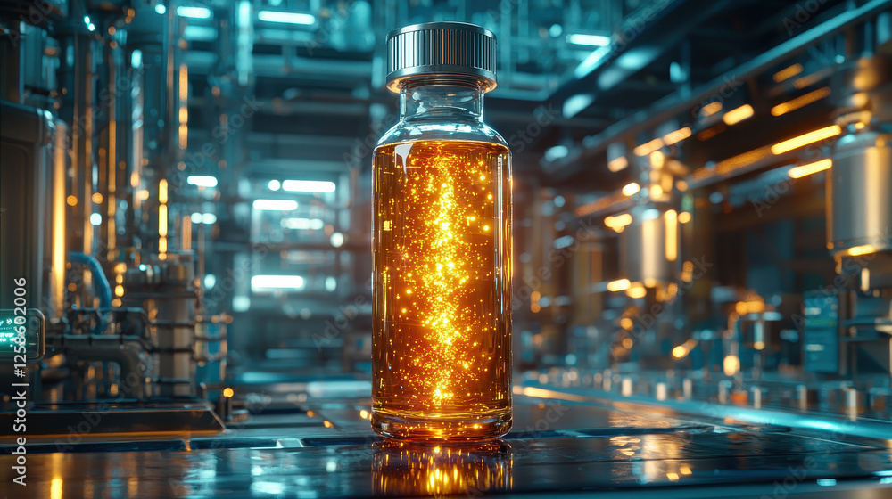 Poster biotech vial with golden-red pulsating fluid in a high-tech industrial lab setting illuminated by dy