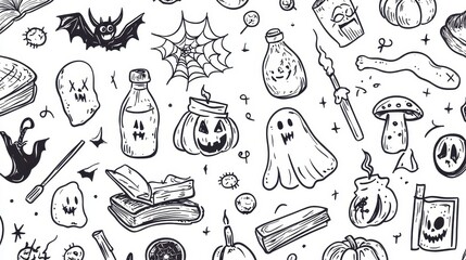 Whimsical hand drawn halloween spooky pattern design concept