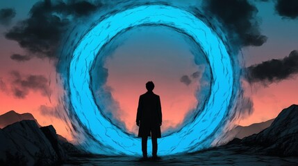 Fototapeta premium Silhouette of a man standing before a vibrant, swirling blue portal against a dramatic sunset backdrop.