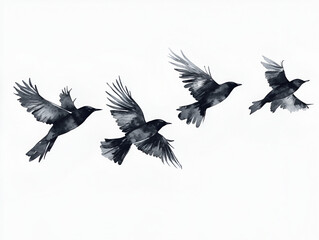 Obraz premium Flight of the Birds: A minimalist black and white illustration depicts a quartet of birds in graceful flight, wings outstretched against a clean background, conveying a sense of freedom.