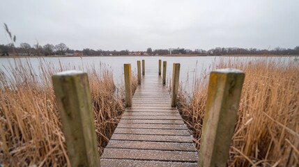 Fototapeta premium Winter lake pier, snow, reeds, calm water, tranquil scene