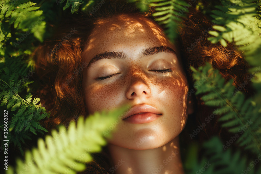 Poster woman enjoy calm rest in forest generative ai image