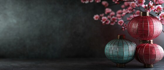 Obraz premium Red and Teal Lanterns with Pink Cherry Blossoms on Dark Background