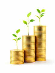 Three Stacks of Golden Coins with Plants Representing Money Growth Concept