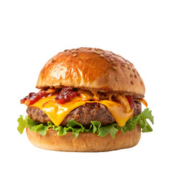 Classic cheese burger with beef cutlet vegetables and onions isolated on a white background