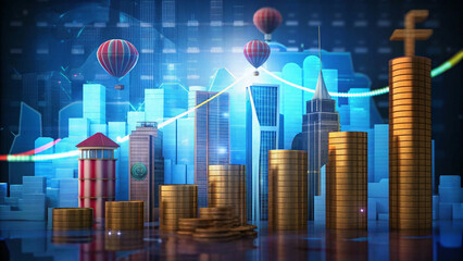 Obraz premium futuristic vision of economic success: a global economy.A visual representation of economic growth, featuring rising bar graphs, stacks of coins, and an upward trending arrow against a cityscape backd