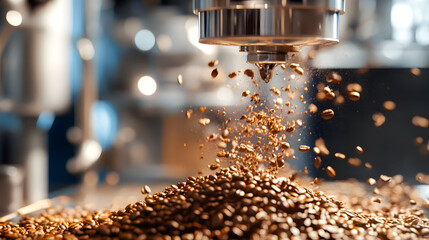 Coffee Beans Being Processed with Grinding Machine in a Workshop