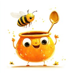 Obraz premium Cartoon bee and honey pot, cheerful, flying, flower background, digital art