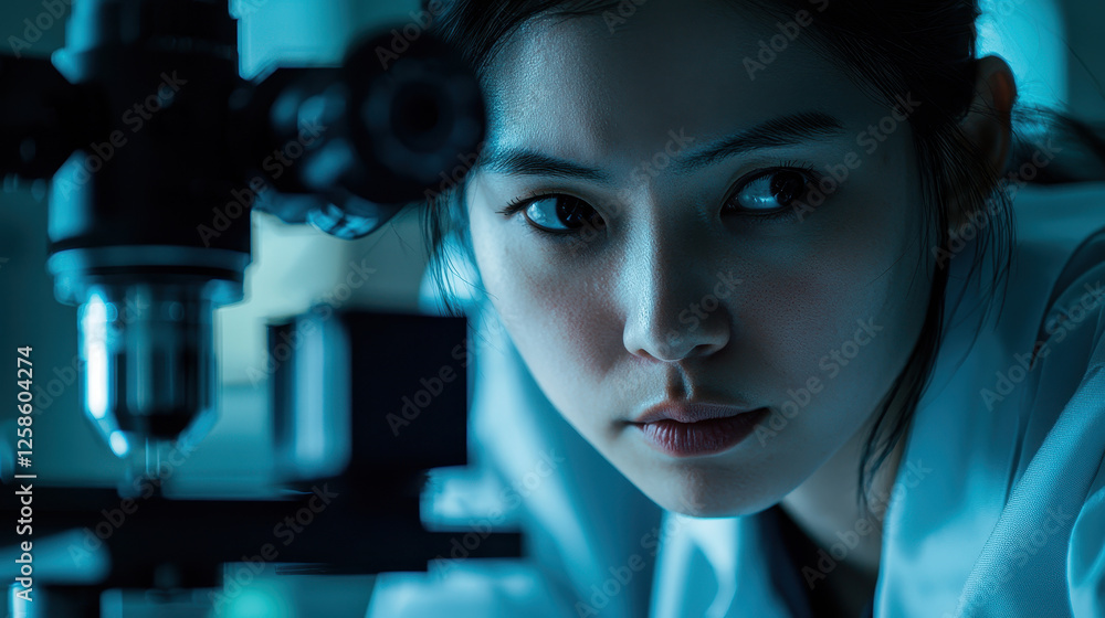 Poster determined female quantum computing scientist working on advanced quantum chip in futuristic laborat
